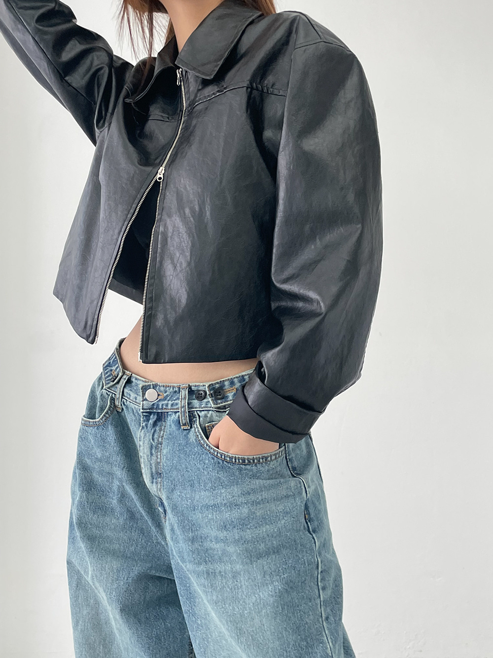 crack leather zip-up jacket (3color)