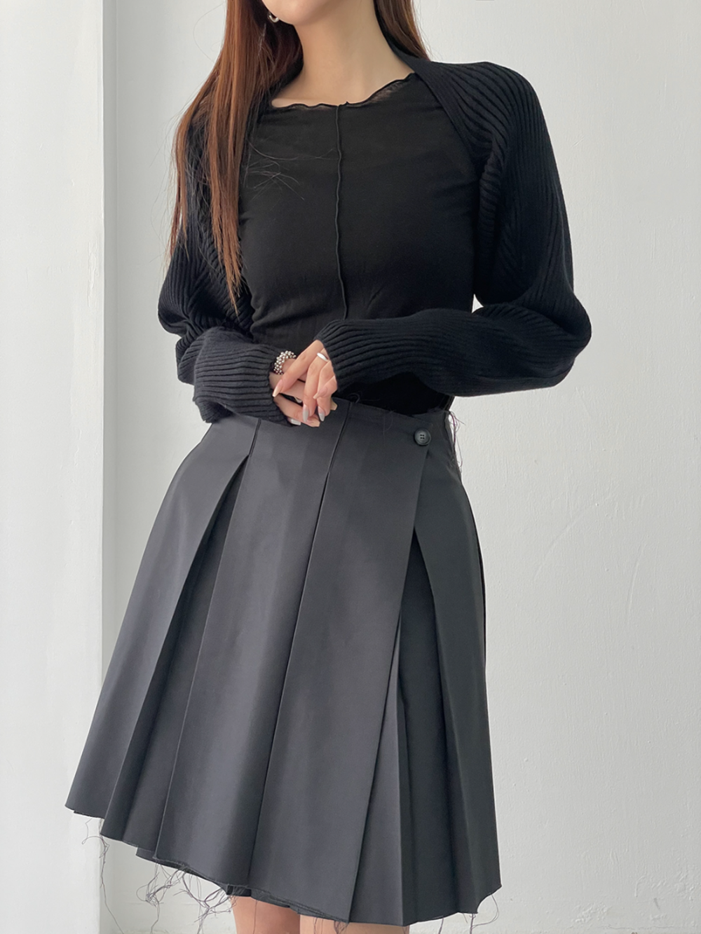 rough button pleated skirts (2color)
