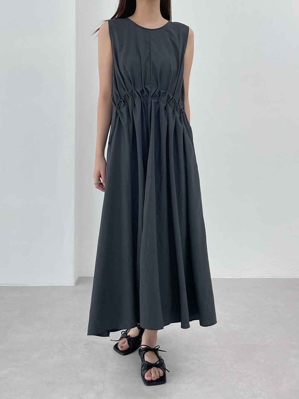 nylon front shirring dress (2color)