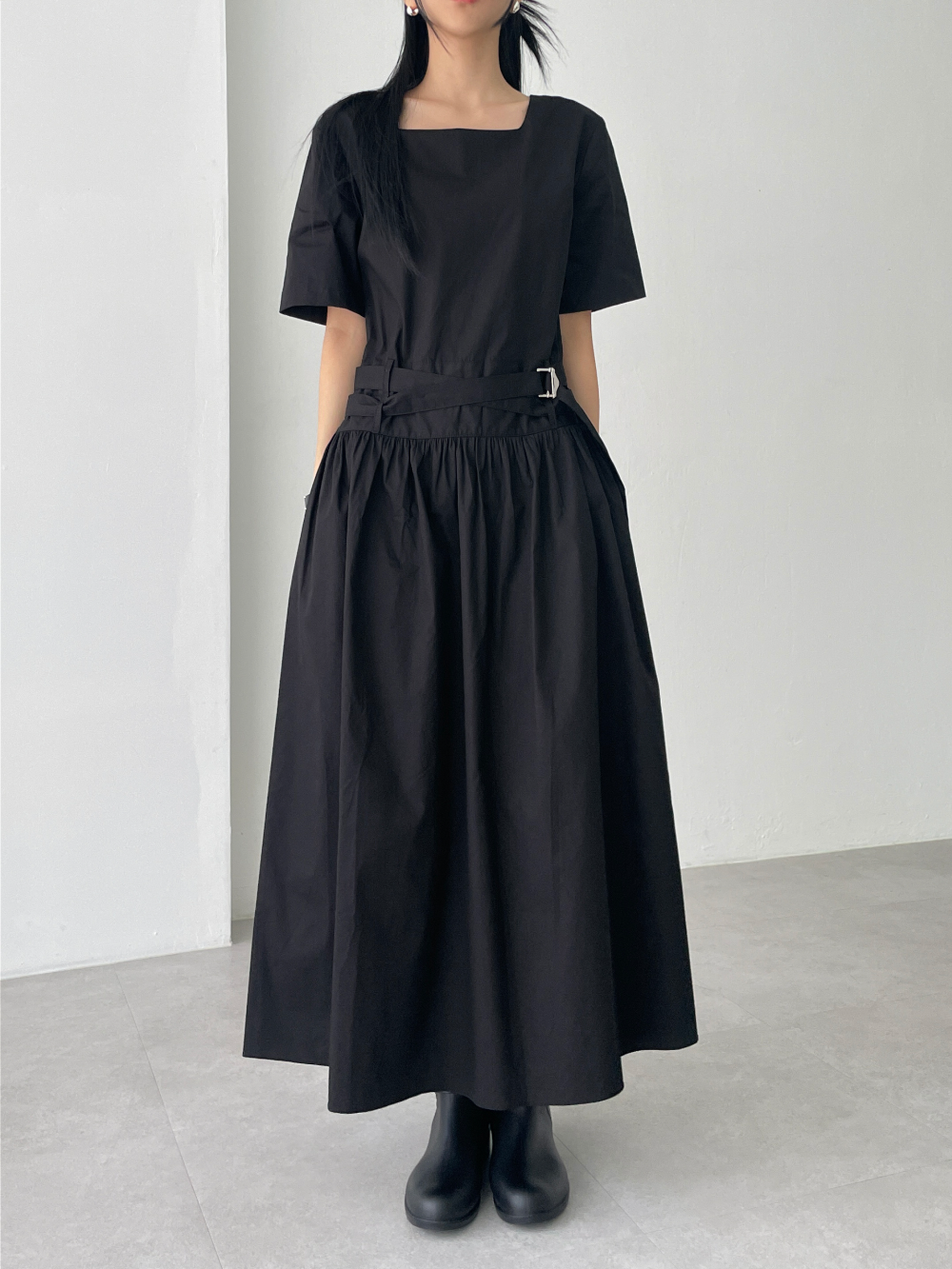 [단독진행] square long belted dress (2color)